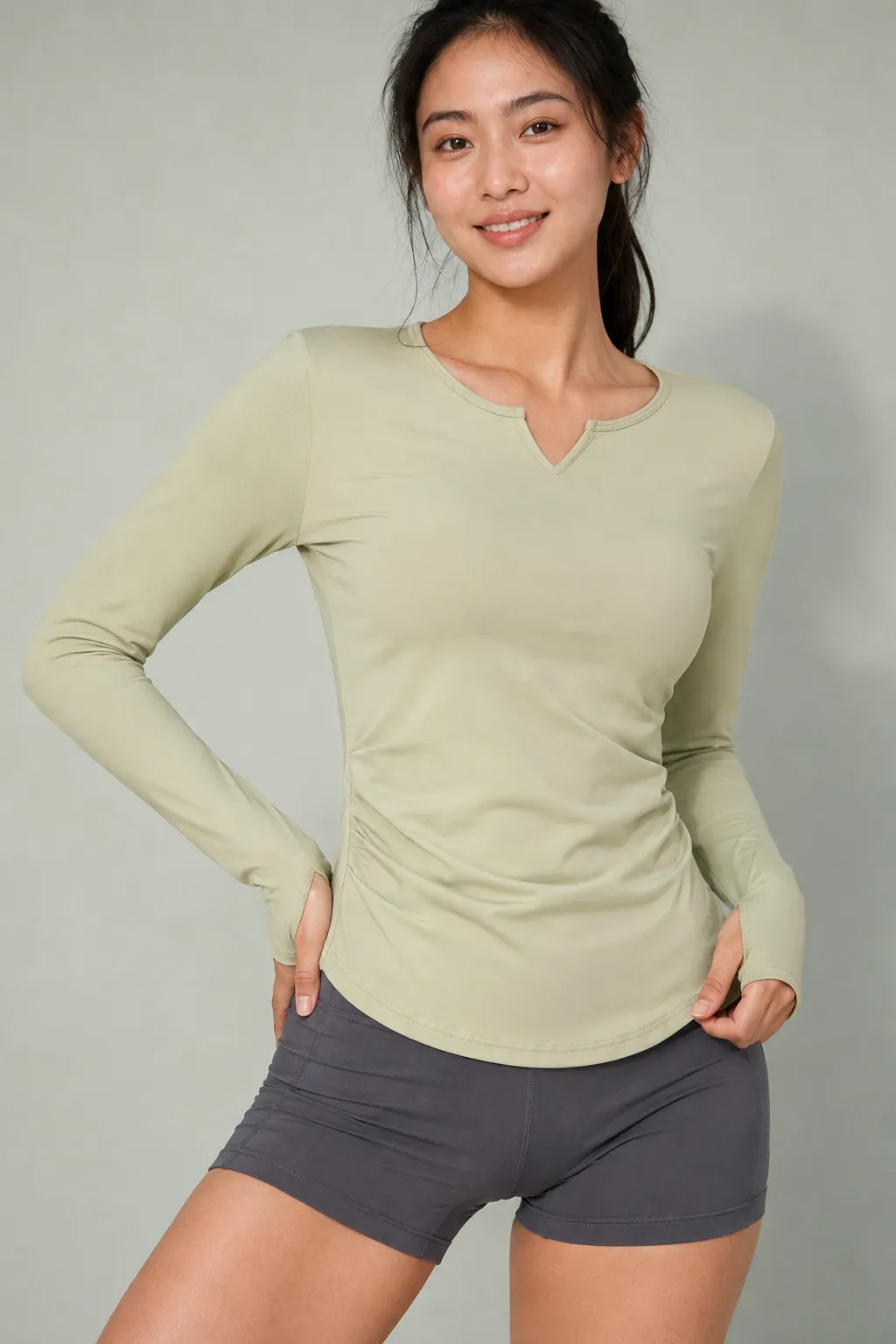 SculptWarm Ruched V-Notch Long Sleeve Top