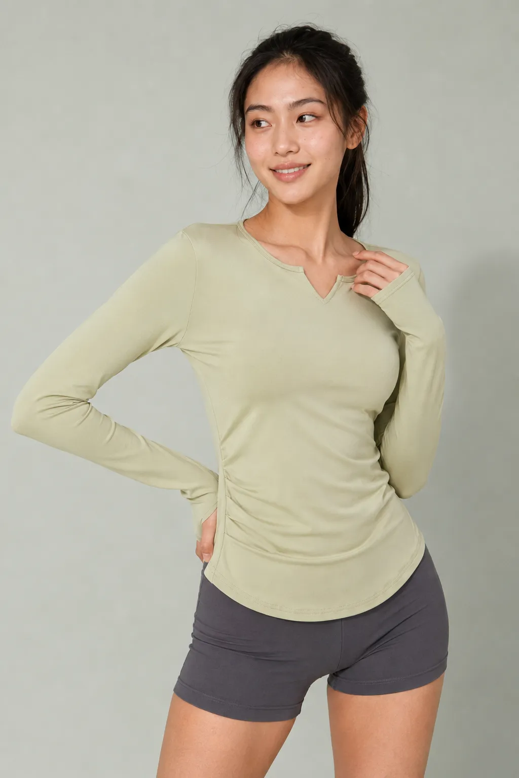 SculptWarm Ruched V-Notch Long Sleeve Top image 3